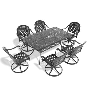 English Elm 7-Piece All-Weather Cast Aluminum Dining Set With 6 Swivel Chairs And Umbrella-Ready Table W1710S00454