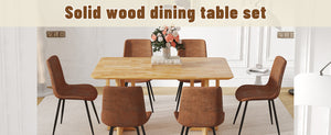English Elm Table and Chair Set Rubberwood Dining with Rattan Legs Six Cushioned Fabric Seats W1151S03054