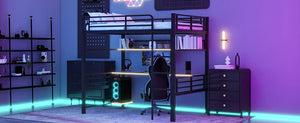 English Elm Full Size Metal Loft Bed Frame with Desk, LED Lights, Storage Shelves & Guardrails for Gamers DL002208AAB