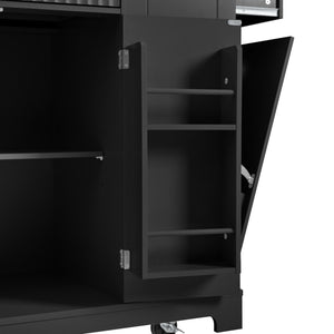 English Elm K&k Rolling Kitchen Island Rubber Wood Top Fluted Cabinet Built-in Charging Station Black N707S221571B