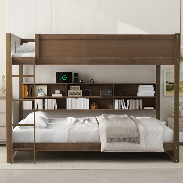 English Elm Queen Over Bunk Bed Solid Pine Cabin Frame with Storage and Usb Charging Wood GX000399AAD