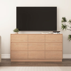 English Elm 9 Drawer Matte Wood Dresser with Wave Front Mid Century Modern Low Profile Storage Natural W409P387580