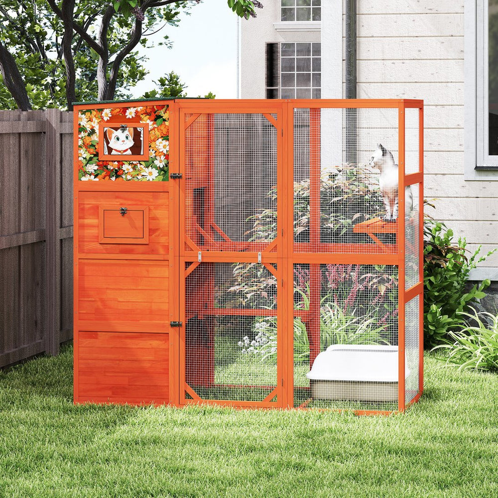 English Elm 70" Outdoor Cat Catio Spruce Wood Weatherproof Enclosure with 4 Tiers and Mesh Run W2181P356201