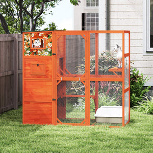 English Elm 70" Outdoor Cat Catio Spruce Wood Weatherproof Enclosure with 4 Tiers and Mesh Run W2181P356201