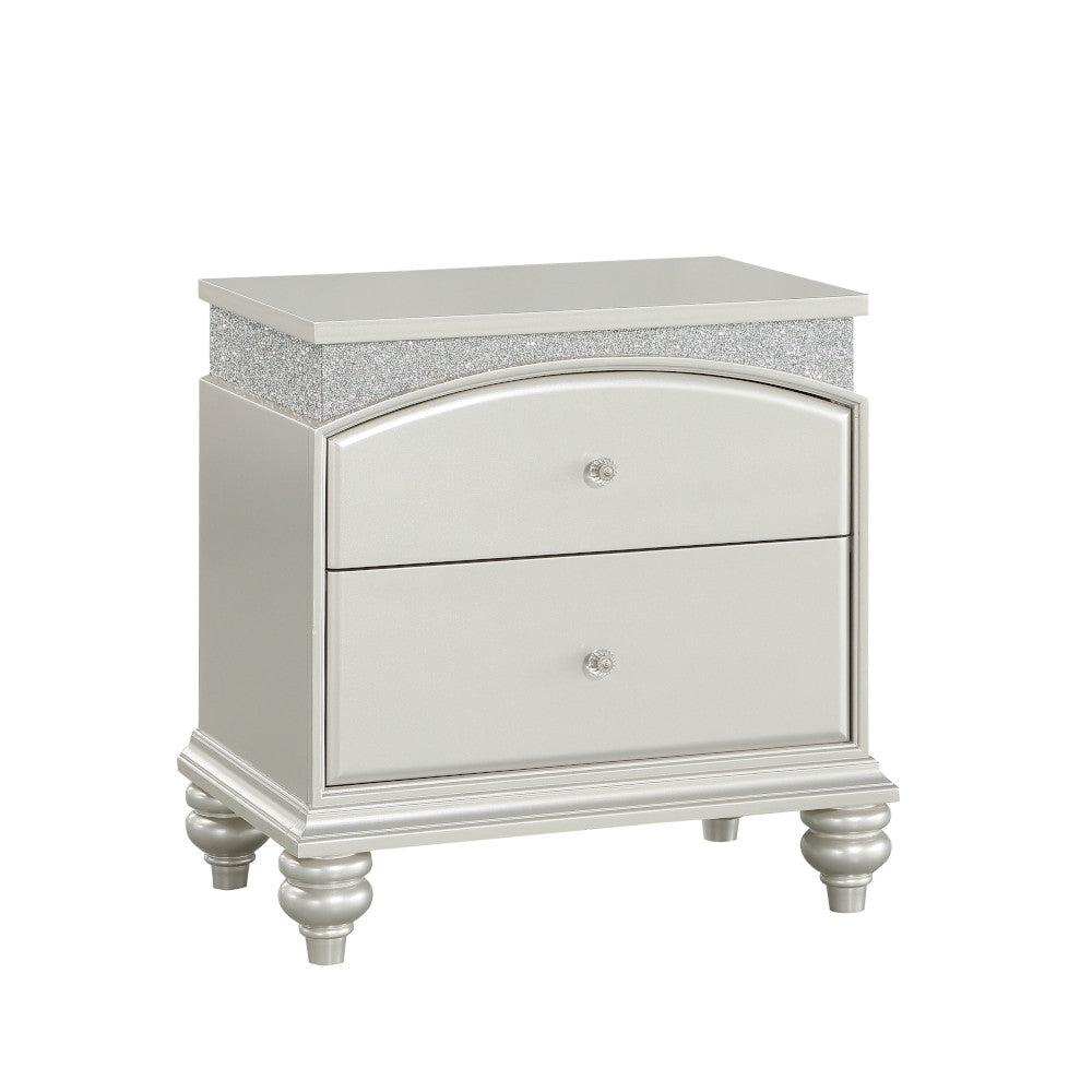 English Elm Maverick Platinum Finish Night Stand with Crystal Knobs, Rhinestone Inlay, Felt-Lined Drawers, Silver B2726P247642