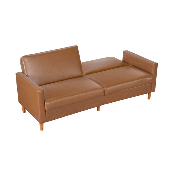 English Elm Comfort Convertible Sleeper Sofa Faux Leather Futon with Plywood Frame, Pocket Coil Comfort, Walnut Legs, 79" Camel 46 L x 36.5 W x 17 H B011P332250