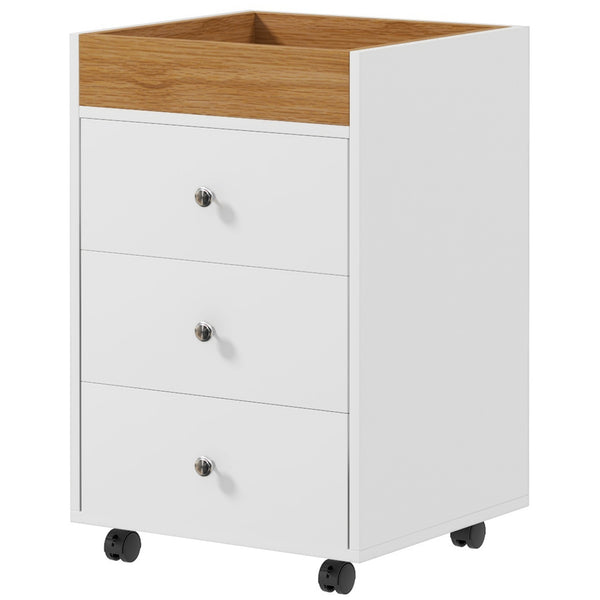 English Elm HOMCOM Mobile 3-Drawer Office Storage Cabinet with Removable Top Tray, Locking Wheels, Space-Saving Design White W2225P217756
