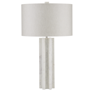 Mercurius Marble Table Lamp - Contemporary Design with Natural Linen Shade, Unique Gear Shape