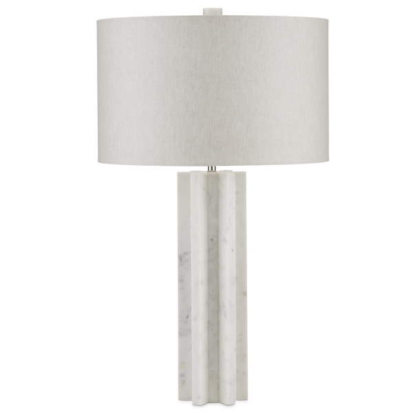 Mercurius Marble Table Lamp - Contemporary Design with Natural Linen Shade, Unique Gear Shape