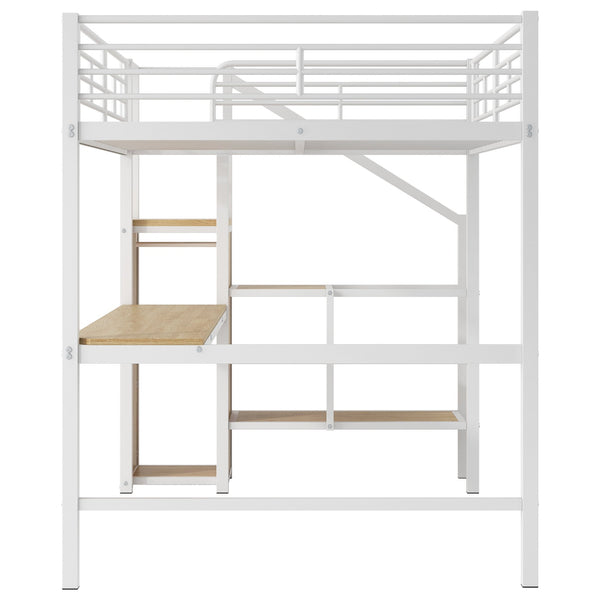 English Elm Full Size Metal Loft Bed With Desk, Storage Staircase, Wardrobe & Led Light For Small Spaces GX000620AAK-1