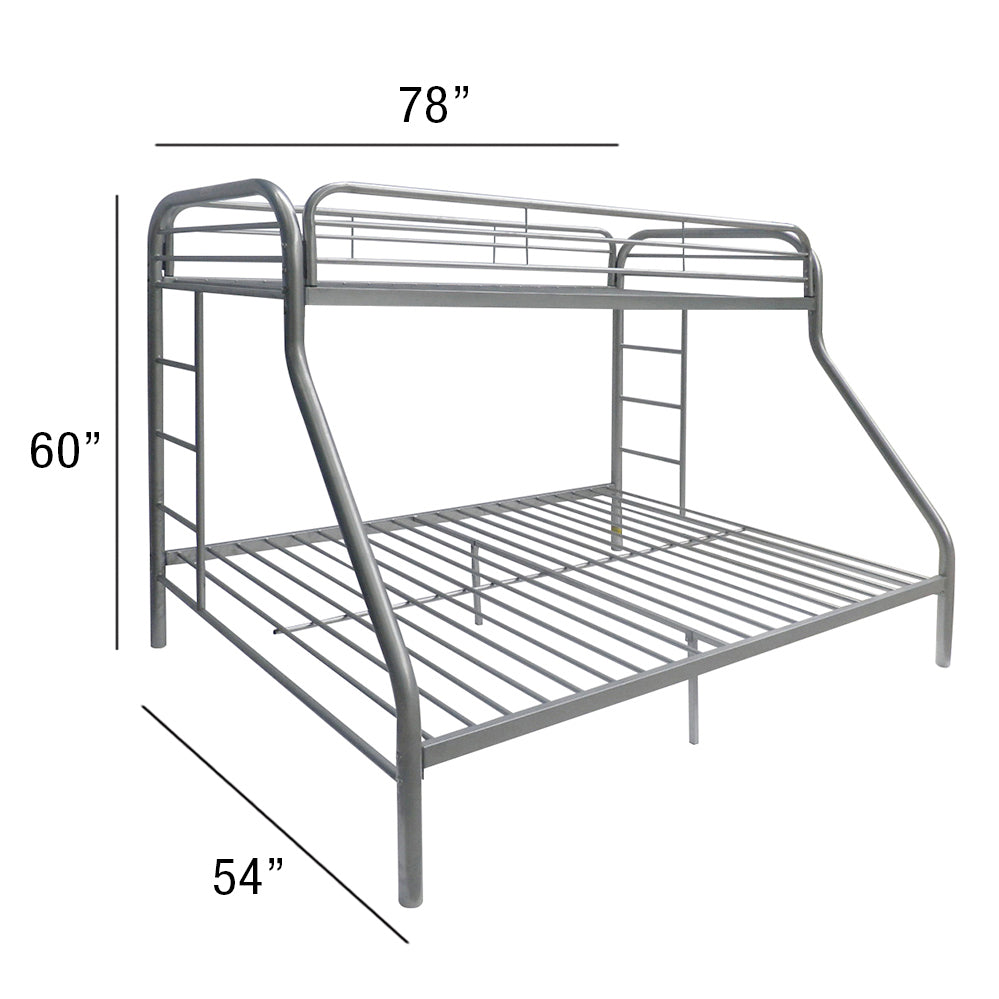 English Elm Tritan Twin/Full Metal Bunk Bed Silver Finish — 2" Tube Frame, Full Guardrail, Twin Over Full, 660lb Capacity B2726P400277