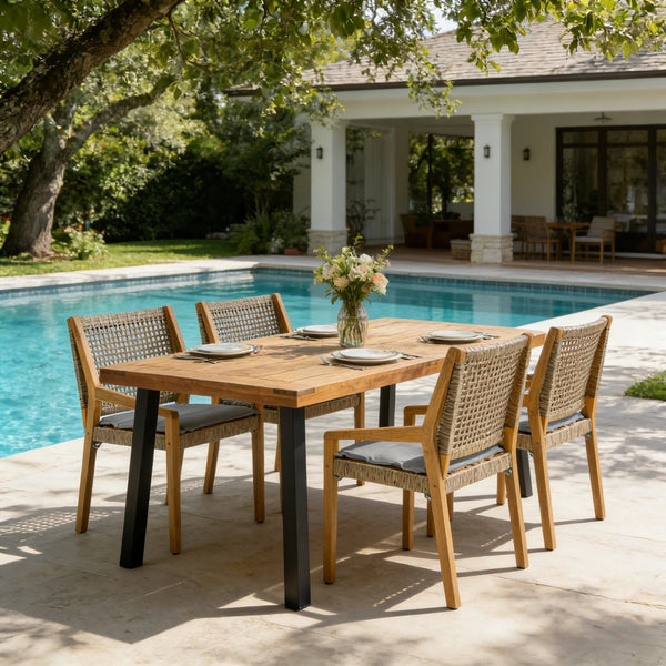 English Elm Modern Acacia Wood Outdoor Dining Set with Wicker Armchairs for Patio or Deck N770PS597R192