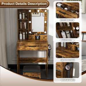 English Elm Vanity compact dressing desk with LED mirror, 3-color dimmable lights, drawers, stool, outlet Vintage W2699P345802