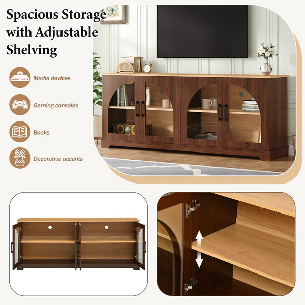 English Elm Farmhouse Media Console with Arched Glass Doors Wood Grain Two Tone Living Room Storage Walnut N721P411204P