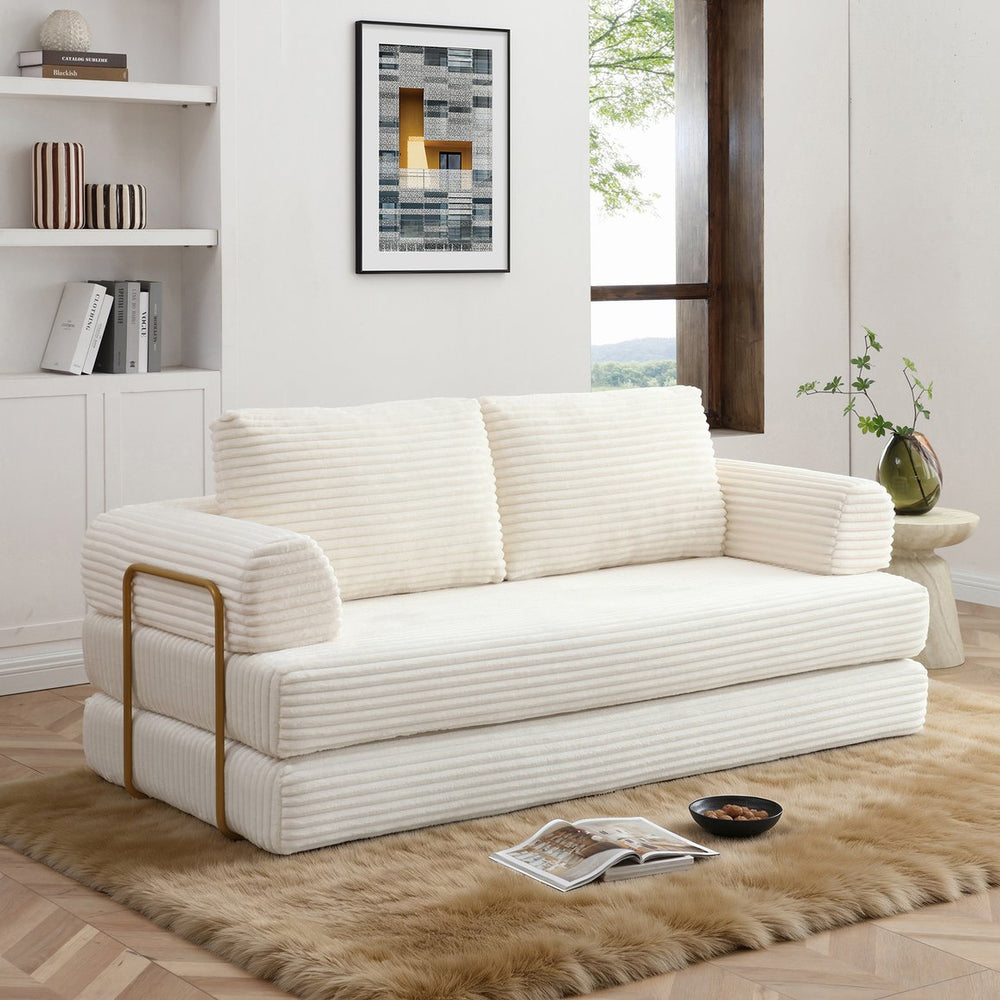 English Elm Convertible Floor Sofa Futon with Corduroy Upholstery for Living Room Lounging and Sleeping Beige W1117P434687