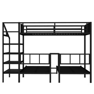 English Elm Twin Bunk Beds For 3 With Desk & Shelves, Space-Saving Metal Triple Bunk Bed, Noise Reduction, Black W1580S00116-GIGA