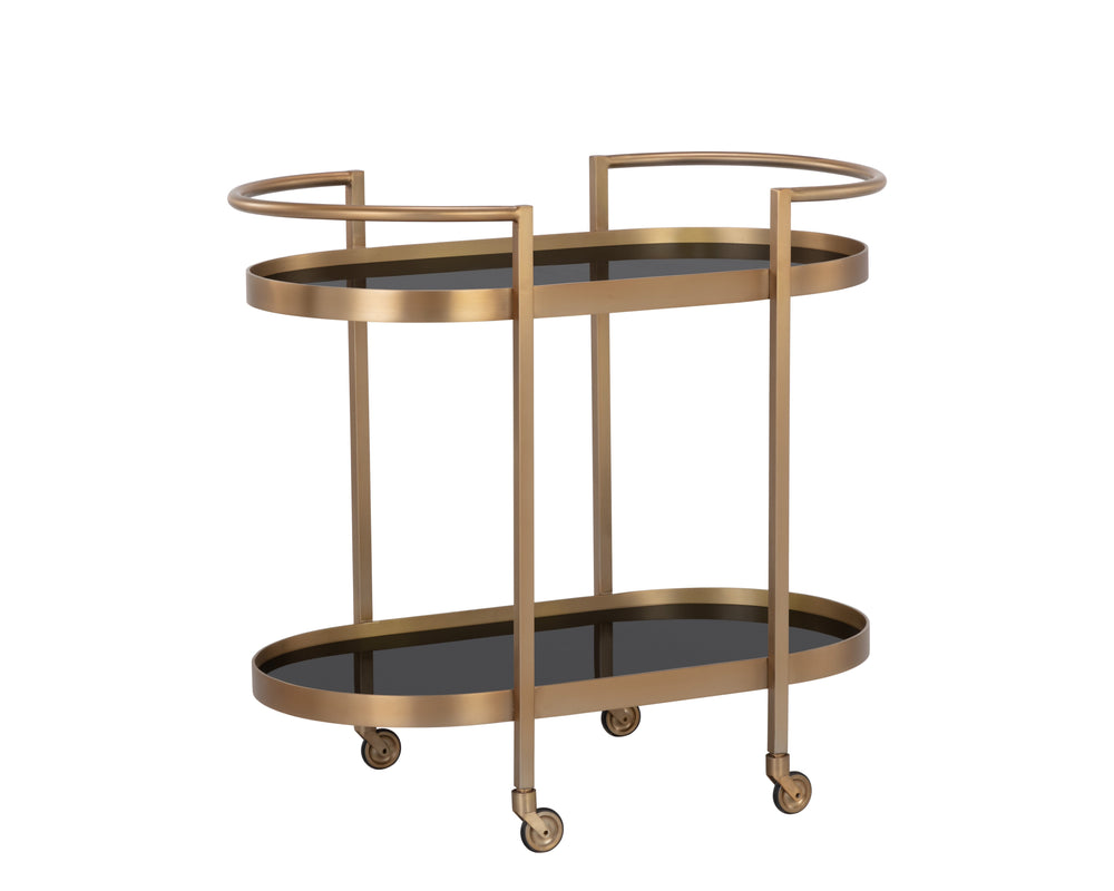 Sunpan Koen Bar Cart - Elegant Black Mirrored Shelves with Antique Brass Frame, Handcrafted Luxury Design
