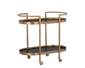 Sunpan Koen Bar Cart - Elegant Black Mirrored Shelves with Antique Brass Frame, Handcrafted Luxury Design