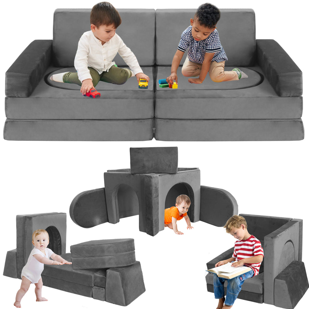 English Elm 12 Piece Modular Foam Play Couch Set Velvet Convertible Sofa Fort for Kids Playroom Dark Gray T5880P493412