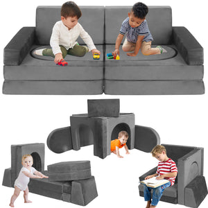 English Elm 12 Piece Modular Foam Play Couch Set Velvet Convertible Sofa Fort for Kids Playroom Dark Gray T5880P493412