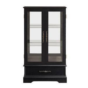 English Elm Lighted Curio Cabinet With Adjustable Shelves & Built-In Drawer - Elegant Display With Lighting, Black W1758P297549