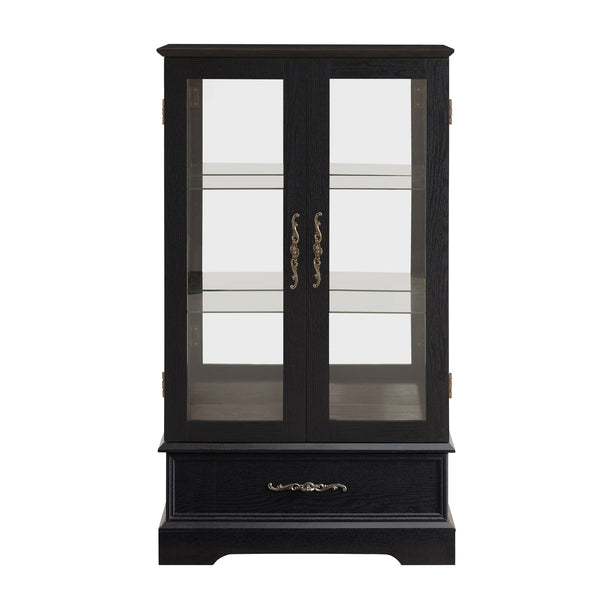English Elm Lighted Curio Cabinet With Adjustable Shelves & Built-In Drawer - Elegant Display With Lighting, Black W1758P297549