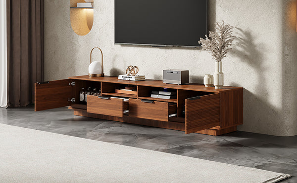 English Elm 78 Inch Walnut Media Console with Slatted Doors Solid Wood Legs and Cable Management N710P374714P