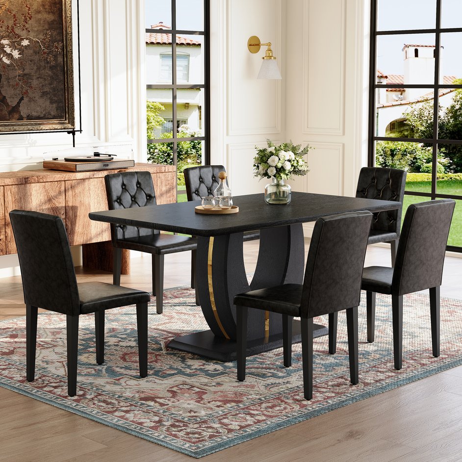 English Elm Black Wood Grain Mdf Dining Set Seats 4 with Pu Leather Arched Leg Chairs W1151S04432