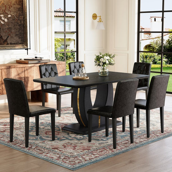 English Elm Black Wood Grain Mdf Dining Set Seats 4 with Pu Leather Arched Leg Chairs W1151S04432