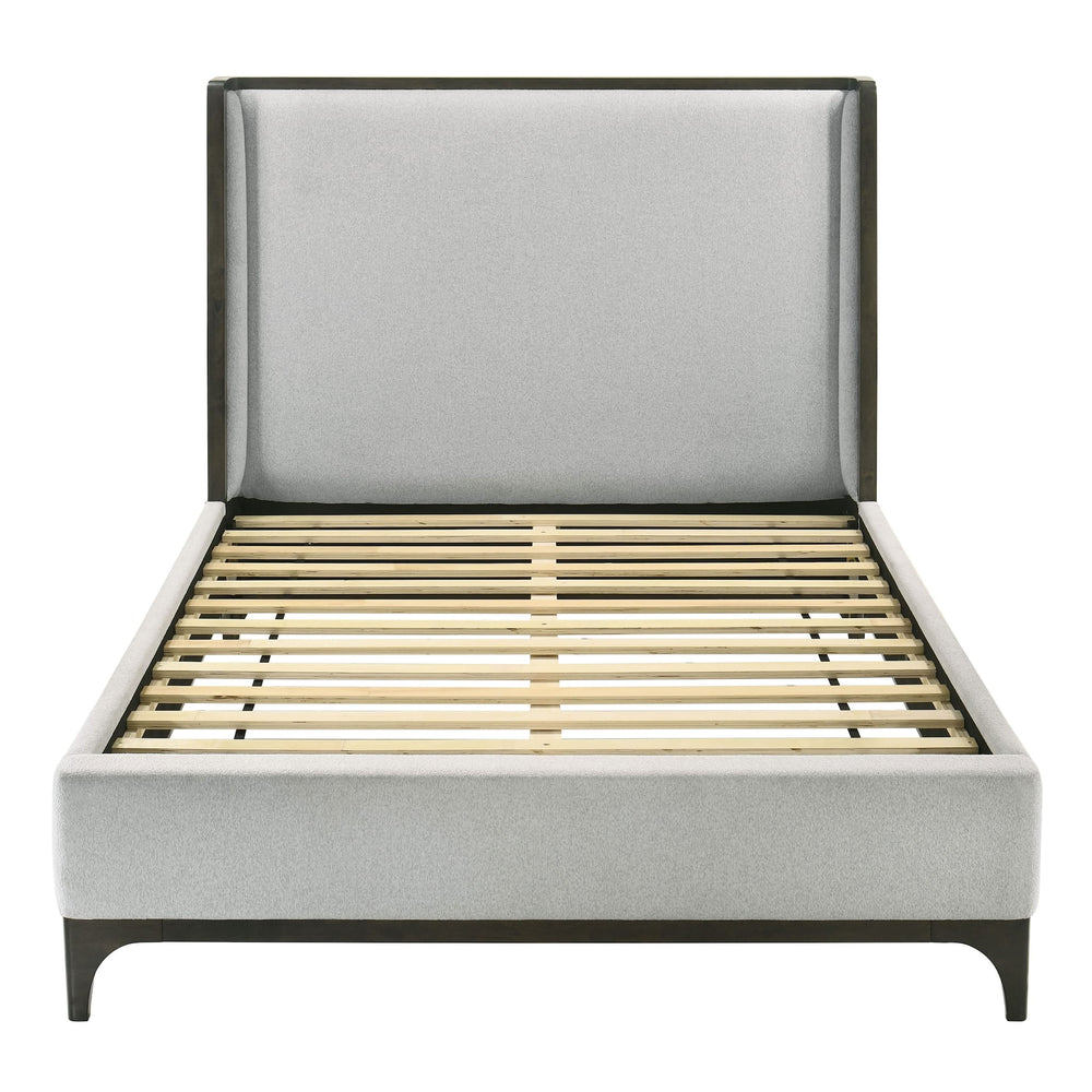 English Elm 1pc Queen Wingback Upholstered Platform Bed Gray Rubberwood Frame No Box Spring B2741S00949