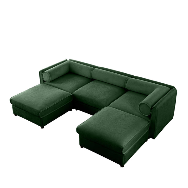English Elm Elegant Green Chenille Sofa With Hidden Storage, U-Shaped Design And Comfortable Cylindrical Backrests W714S01062