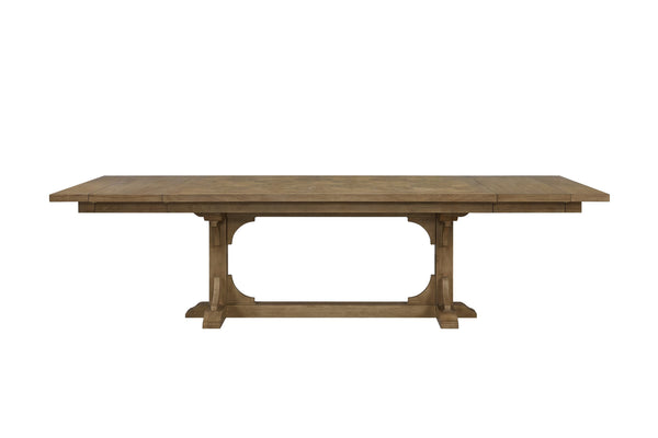 English Elm Trestle Solid Wood Dining Table with Hickory Geometric Veneer Top, Extends 84" to 114" with Leaves Almond 69 L x 27.5 W x 10.5 H B2699S00090