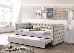 English Elm Romona Beige Upholstered Full Daybed with Twin Trundle, Button Tufting & Nailhead Trim Accent B2726S00334