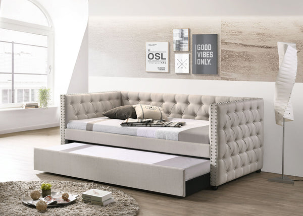 English Elm Romona Beige Upholstered Full Daybed with Twin Trundle, Button Tufting & Nailhead Trim Accent B2726S00334