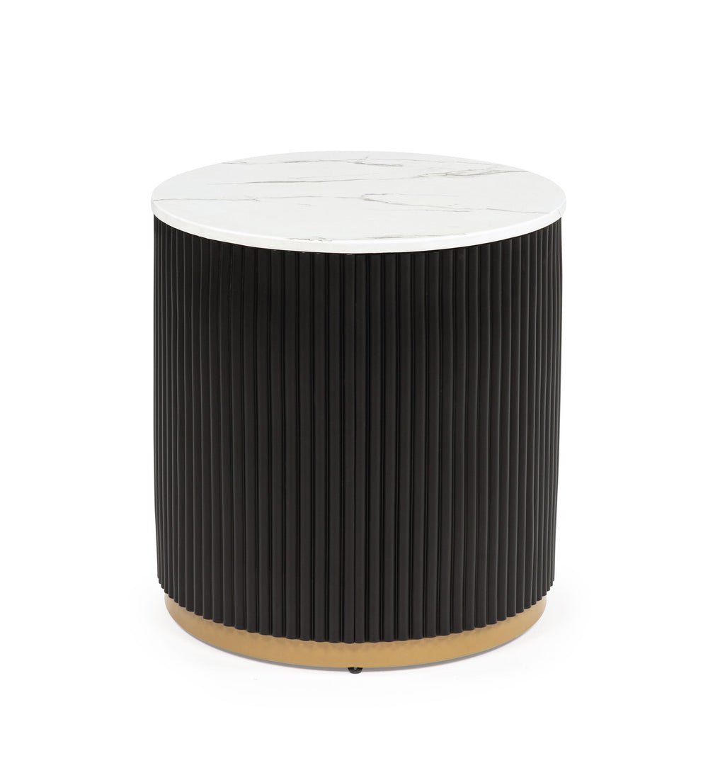 English Elm 1pc End Table Marble-Inspired Top with Gold Base, Reeded Modern Accent Table 22" Round x 23"H B011P369367