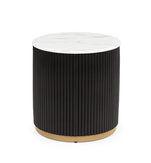 English Elm 1pc End Table Marble-Inspired Top with Gold Base, Reeded Modern Accent Table 22" Round x 23"H B011P369367