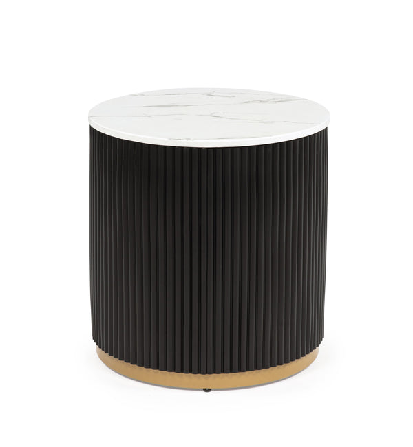 English Elm 1pc End Table Marble-Inspired Top with Gold Base, Reeded Modern Accent Table 22" Round x 23"H B011P369367