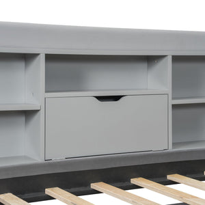 English Elm Twin Upholstered Daybed with Pull-Up Trundle, Velvet High Back with Shelves, Flip Storage & USB Gray SF000194AAE