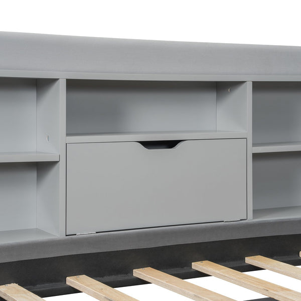 English Elm Twin Upholstered Daybed with Pull-Up Trundle, Velvet High Back with Shelves, Flip Storage & USB Gray SF000194AAE