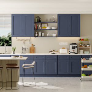 English Elm Navy Shaker Wall Cabinet Solid Wood Double Door Soft Close Kitchen Bath Storage T2950P479974
