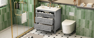 English Elm 30'' Bathroom Vanity with Ceramic Sink, Solid Wood Frame Retro Style Vanity with 3 Drawers & Gold Handles Gray N710P246209E