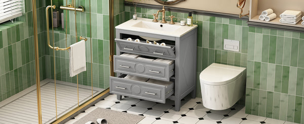 English Elm 30'' Bathroom Vanity with Ceramic Sink, Solid Wood Frame Retro Style Vanity with 3 Drawers & Gold Handles Gray N710P246209E