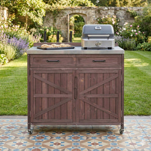 English Elm K&k Outdoor Prep Station Stainless Steel Top Fir Wood Cabinet with Drawer and Wheels Dark Brown N707P370273Z