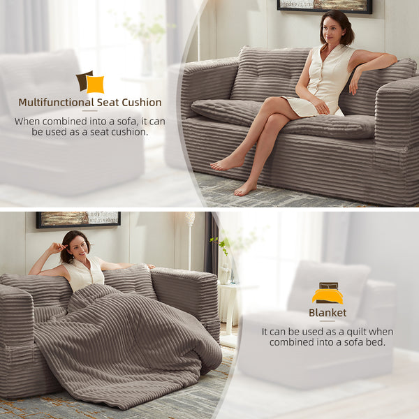 English Elm Multi Purpose Corduroy Sectional with Chaise Converts to King Floor Bed Deep Seat Coffee W3219S00010