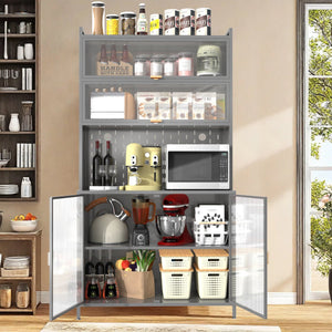 English Elm 73'' Tall 6-Tier Steel Pantry Cabinet with Flip Door & Pegboard, Adjustable Shelves, Anti-Tip Storage Grey W3387P306357