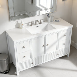 English Elm 60" Freestanding Bathroom Vanity Fluted Fronts Soft Close Drawers Drop-in Sink White N817P404100W
