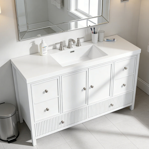 English Elm 60" Freestanding Bathroom Vanity Fluted Fronts Soft Close Drawers Drop-in Sink White N817P404100W