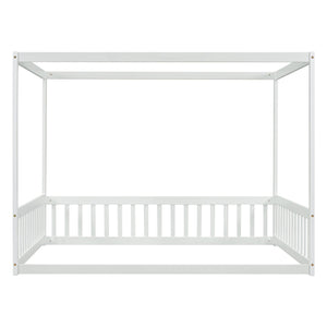 English Elm Full Full Size Canopy Frame Rubber Wood Floor Bed with Fence Guardrails White – Imaginative Kids Retreat, 400 lb Capacity, Malaysian Craftsmanship W504P364861