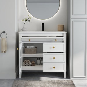 English Elm 35.6" Freestanding Bathroom Vanity with Roman Column Base and Ceramic Integrated Sink White W1801S00011