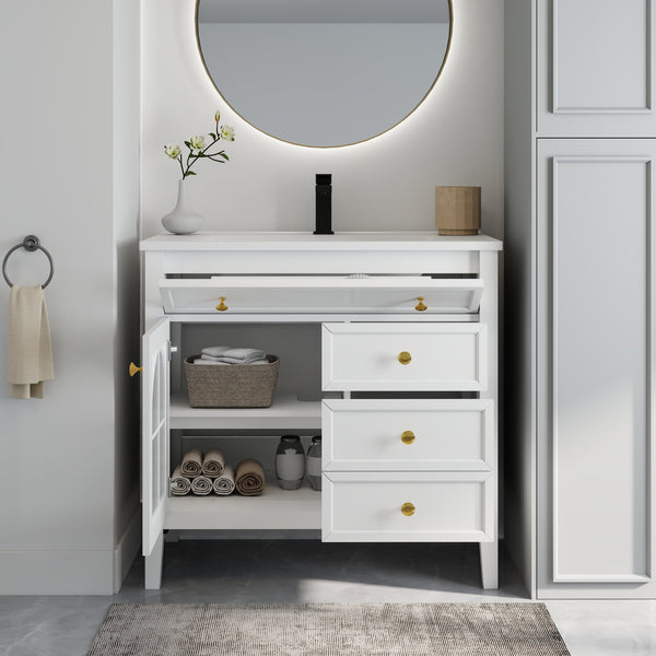 English Elm 35.6" Freestanding Bathroom Vanity with Roman Column Base and Ceramic Integrated Sink White W1801S00011